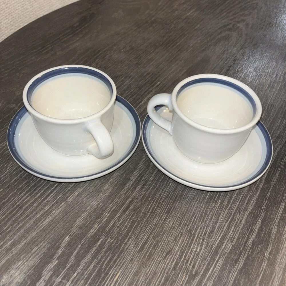 PFALTZGRAFF coffee tea cups mugs saucers stoneware set of 2 White & blue